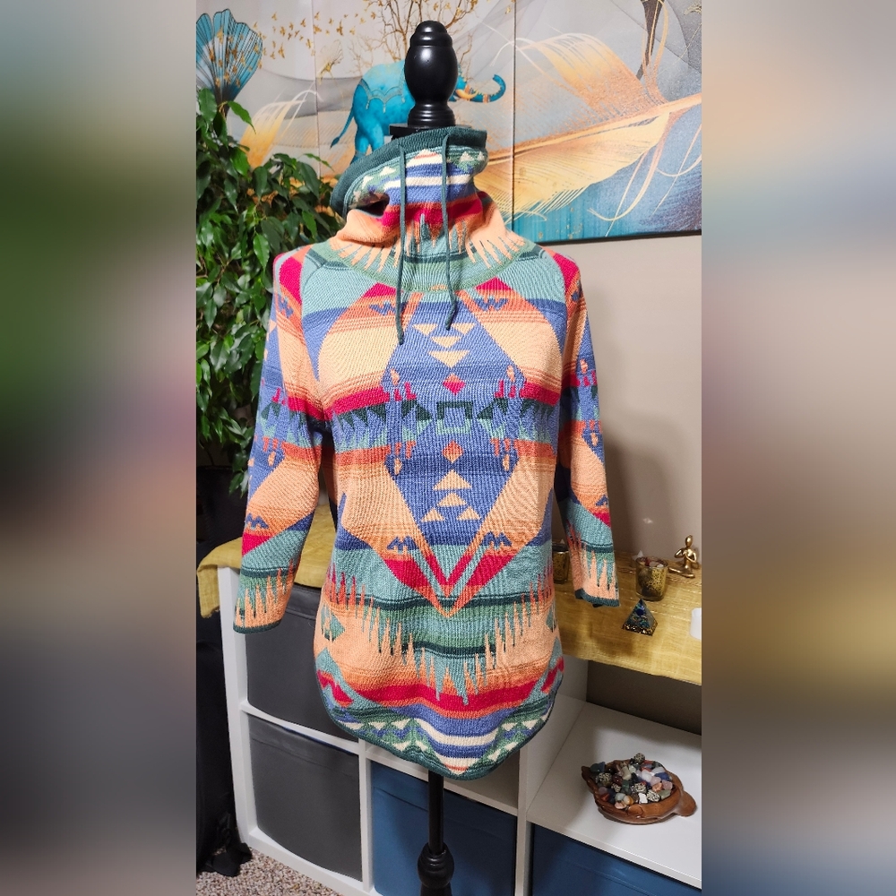 Ralph Lauren Chaps Women's Medium Southwest Cotton Sweater 3/4 Slv Round Hem